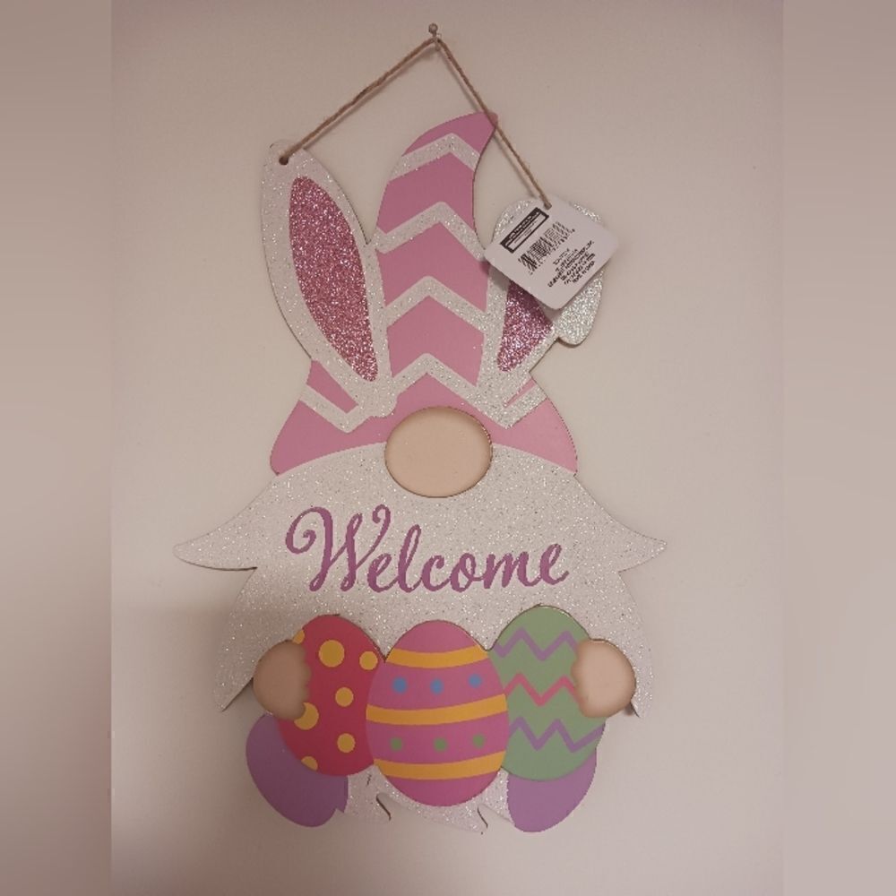 COPY - Wood Easter Bunny Gnome & Eggs Welcome Hanging Wall Door or Wreath Sign